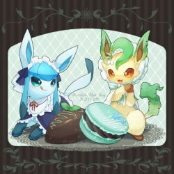 Rule 34 | :d, :q, alopias, chocolate, closed mouth, clothed pokemon, commentary request, creatures (company), dated, food, frills, game freak, gen 4 pokemon, glaceon, glaceon (tea party), green eyes, leafeon, macaron, mint chocolate, neck ribbon, nintendo, no humans, open mouth, pokemon, pokemon (creature), pokemon unite, ribbon, smile, sparkle, tongue, tongue out, watermark