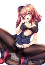 Rule 34 | 10s, 1girl, belt, black bra, black pantyhose, blue dress, blue eyes, bra, breast pocket, breasts, brown hair, dress, garter straps, hair between eyes, hair ornament, high heels, highres, kantai collection, large breasts, long hair, looking at viewer, neckerchief, no panties, open clothes, open dress, pantyhose, pocket, ponytail, ribbed dress, saratoga (kancolle), saratoga mk ii (kancolle), side ponytail, silly (marinkomoe), smokestack, solo, thighband pantyhose, thighs, tongue, tongue out, underwear