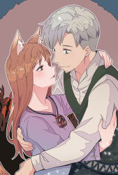 Rule 34 | 1boy, 1girl, absurdres, animal ears, blush, brown hair, craft lawrence, dress, eye contact, facial hair, grey eyes, grey hair, hetero, highres, holo, hug, jewelry, long hair, long sleeves, looking at another, necklace, nivearich, open mouth, purple dress, red eyes, shirt, simple background, smile, spice and wolf, stubble, tail, vest, white shirt, wolf ears, wolf tail