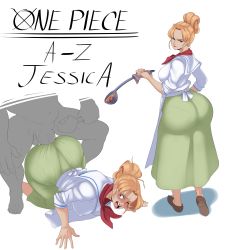 Rule 34 | 1boy, 1girl, absurdres, ass, blonde hair, breasts, breasts out, clothed sex, clothes, colored skin, food, grey skin, highres, huge ass, huge penis, jessica (one piece), large breasts, muscular, muscular male, one eye closed, one piece, open mouth, penis, sex, sex from behind, simple background, sunnysundown, testicles, top-down bottom-up, white background