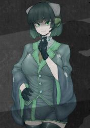 Rule 34 | 1girl, absurdres, adapted costume, black gloves, black thighhighs, breasts, brown necktie, closed mouth, collared shirt, commentary request, cowboy shot, crack of light, gloves, green eyes, green hair, green jacket, grey shirt, hand on own hip, hand up, headgear, headset, highres, jacket, kyoumachi seika, large breasts, long sleeves, looking at viewer, miazuma sarin, miniskirt, necktie, pencil skirt, shadow, shirt, skirt, smile, solo, thighhighs, turtleneck, voiceroid, wall, wide sleeves