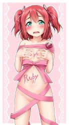 Rule 34 | 10s, 1girl, \||/, blush, body writing, bow, breasts, character name, collarbone, commentary request, covering privates, covering breasts, food on body, green eyes, hair ribbon, heart, icing, kurosawa ruby, looking at viewer, love live!, love live! sunshine!!, naked ribbon, navel, outline, pink background, pink ribbon, red hair, ribbon, small breasts, solo, tears, two side up, white outline, yopparai oni