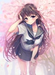 Rule 34 | 1girl, adjusting hair, blush, breasts, brown hair, cherry blossoms, closed mouth, collarbone, highres, long hair, looking at viewer, medium breasts, momoirone, neckerchief, original, petals, pink eyes, pleated skirt, school uniform, serafuku, short sleeves, skirt, smile, solo, standing