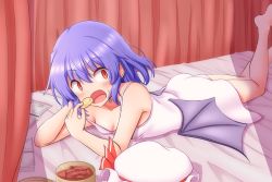 Rule 34 | 1girl, alternate costume, armpit peek, barefoot, bat wings, bed, blue hair, blush, breasts, candy, canopy bed, cleavage, collarbone, commentary request, cookie, curtains, dress, fang, food, hair between eyes, hat, unworn hat, hat ribbon, unworn headwear, holding, holding food, leg lift, looking at viewer, lying, manga (object), mob cap, on bed, on stomach, open mouth, red eyes, remilia scarlet, ribbon, short hair, small breasts, solo, strap slip, sweatdrop, teoi (good chaos), touhou, white dress, wings