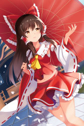 Rule 34 | 1girl, bandages, bare shoulders, bow, box, breasts, brown hair, collar, detached sleeves, donation box, frills, grass, hair between eyes, hair tubes, hakurei reimu, hakurei shrine, hands up, highres, holding, holding umbrella, japanese clothes, light, long hair, long sleeves, looking to the side, medium breasts, midriff peek, miko, miniskirt, navel, oil-paper umbrella, open mouth, petals, red bow, red shirt, road, shadow, shirt, shrine, skirt, smile, solo, stomach, sunlight, touhou, tree, umbrella, yasuharasora, yellow eyes, yellow neckwear