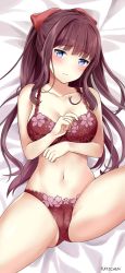 Rule 34 | 1girl, artist name, bad id, bad tumblr id, blue eyes, blush, bow, bra, breasts, cameltoe, closed mouth, collarbone, floral print, hair bow, kaetzchen, long hair, looking at viewer, lying, medium breasts, navel, new game!, on back, panties, purple hair, red bow, red bra, red panties, skirt, solo, spread legs, takimoto hifumi, underwear, underwear only