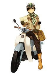 Rule 34 | 1girl, boots, glasses, gloves, goggles, goggles on head, helmet, mashimi, motor vehicle, pants, scarf, scooter, shimimaru, solo, vehicle