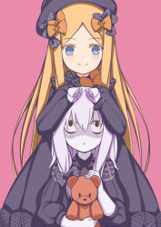 Rule 34 | 2girls, :o, abigail williams (fate), black bow, black dress, black hat, blonde hair, blue eyes, bow, bug, butterfly, closed mouth, commentary request, dress, fate/grand order, fate (series), hair bow, hands in opposite sleeves, hands on another&#039;s head, hat, hugging object, insect, lavinia whateley (fate), long hair, long sleeves, looking at another, looking at viewer, looking up, multiple girls, orange bow, parted bangs, parted lips, pink background, polka dot, polka dot bow, shaded face, simple background, smile, stuffed animal, stuffed toy, teddy bear, toshishikisai, very long hair, white hair, wide-eyed