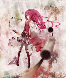 Rule 34 | 10s, alternate hairstyle, bare shoulders, blurry, boots, depth of field, detached sleeves, fang, foreshortening, highres, long hair, mahou shoujo madoka magica, mahou shoujo madoka magica (anime), polearm, red eyes, red hair, sakura kyoko, solo, spear, thighhighs, weapon, yudough