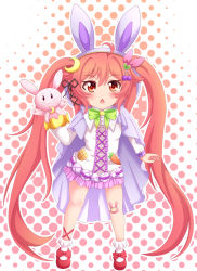 Rule 34 | 1girl, ahoge, animal ears, bad id, bad pixiv id, bandaid, bandaid on knee, bandaid on leg, black ribbon, blush, bobby socks, bow, cape, chestnut mouth, commentary request, cosplay request, crescent, crescent hair ornament, dress, fake animal ears, flower knight girl, full body, green bow, hair between eyes, hair ornament, hair ribbon, hairband, halftone, halftone background, hand puppet, highres, kantai collection, long hair, long sleeves, open mouth, pink ribbon, puppet, purple cape, purple hairband, rabbit ears, red eyes, red footwear, red hair, ribbon, shoes, short dress, sills, socks, solo, standing, twintails, uzuki (kancolle), very long hair, white background, white dress, white socks