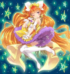 Rule 34 | 1girl, ;), amanogawa kirara, bare shoulders, boots, brown hair, chiigo, cure twinkle, earrings, gloves, go! princess precure, jewelry, long hair, magical girl, multicolored hair, one eye closed, precure, purple eyes, red hair, smile, solo, star (symbol), star earrings, starry background, thigh boots, thighhighs, twintails, two-tone hair, white gloves, white thighhighs