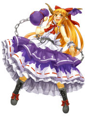 Rule 34 | 1girl, :d, blonde hair, blush, boots, chain, cross-laced footwear, fang, frilled skirt, frills, full body, gourd, horn ornament, horn ribbon, horns, ibuki suika, lace-up boots, long hair, nishiuri, open mouth, pointy ears, ribbon, simple background, skirt, smile, solo, touhou, very long hair, white background, wrist cuffs, yellow eyes