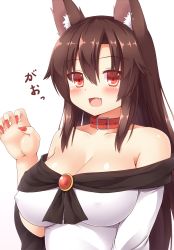 Rule 34 | 1girl, animal ears, blush, breasts, brooch, brown hair, cleavage, collar, collarbone, covered erect nipples, female focus, highres, imaizumi kagerou, jewelry, large breasts, long hair, looking at viewer, open mouth, red eyes, shirt, smile, solo, touhou, very long hair, wolf ears, yuu (yu0221f)