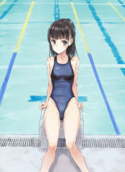 Rule 34 | 1girl, bad id, bad pixiv id, black eyes, black hair, blush, cameltoe, competition swimsuit, expressionless, fujita hidetoshi, highleg, highleg swimsuit, highres, lane line, looking at viewer, one-piece swimsuit, original, perspective, pool, poolside, short hair, sitting, solo, speedo (company), swimsuit, water