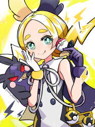 Rule 34 | 1girl, :q, bare arms, blonde hair, blush, buttons, closed mouth, commentary request, creatures (company), game freak, gen 8 pokemon, gloves, green eyes, halloween morpeko kagamine rin (project voltage), hands up, highres, holding, kagamine rin, lightning bolt symbol, long hair, looking at viewer, morpeko, morpeko (hangry), nintendo, poke ball, pokemon, pokemon (creature), project voltage, saki pokeoekaki, sleeveless, smile, tongue, tongue out, twintails, ultra ball, vocaloid