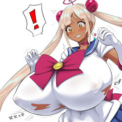 Rule 34 | !, 1girl, absurdres, alternate breast size, blonde hair, blue skirt, blush, breasts, bursting breasts, clenched teeth, cosplay, covered erect nipples, covered navel, dark-skinned female, dark skin, dutch angle, gigantic breasts, gloves, hair ornament, highres, holocouncil, hololive, hololive english, impossible clothes, jadf, long hair, looking down, pleated skirt, sailor moon, sailor moon (cosplay), short sleeves, simple background, skin tight, skirt, solo, spoken exclamation mark, teeth, torn clothes, tsukumo sana, twintails, upper body, virtual youtuber, wardrobe malfunction, white background, white gloves, yellow eyes