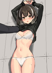 Rule 34 | 1girl, 1other, arknights, arms up, bdsm, black hair, black sweater, blush, bondage, bound, bound wrists, bra, breasts, cleavage, clothes lift, cowboy shot, flying sweatdrops, highres, lifting another&#039;s clothes, long sleeves, looking ahead, magallan (arknights), medium breasts, multicolored hair, navel, no pants, open mouth, panties, restrained, short hair, sigm@, sketch, solo focus, stomach, streaked hair, sweater, sweater lift, tears, two-tone hair, underwear, variant set, white bra, white hair, white panties, yellow eyes