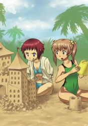 Rule 34 | 10s, 2girls, :q, absurdres, amputee, armless amputee, artbook, beach, bikini, brown hair, bucket, commentary, competition swimsuit, double amputee, flat chest, green eyes, hair bobbles, hair ornament, highres, ibarazaki emi, katawa shoujo, multiple girls, navel, official art, one-piece swimsuit, open clothes, open shirt, palm tree, pimmy, red hair, sand castle, sand sculpture, shirt, swimsuit, tezuka rin, tongue, tongue out, tree, twintails
