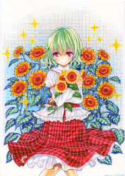 Rule 34 | 1girl, bouquet, dated, flower, green hair, juliet sleeves, kazami yuuka, long sleeves, looking at viewer, marker (medium), mosho, plaid, plaid skirt, puffy sleeves, red eyes, shirt, signature, skirt, smile, solo, sunflower, touhou, traditional media