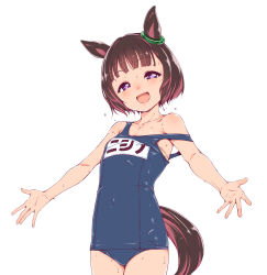 Rule 34 | 1girl, :d, animal ears, armpit crease, bare shoulders, blue one-piece swimsuit, breasts, character name, collarbone, commentary, covered navel, dated commentary, dripping, hamao, head tilt, highres, horse ears, horse girl, horse tail, light blush, looking at viewer, nishino flower (umamusume), one-piece swimsuit, open mouth, outstretched arms, purple eyes, short hair, simple background, small breasts, smile, solo, strap slip, swimsuit, tail, umamusume, wet, wet clothes, wet hair, white background