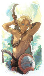 Rule 34 | 1boy, armlet, armpits, arms up, blonde hair, blue eyes, chain, dark skin, day, ear piercing, earrings, holding, holding weapon, jewelry, male focus, navel, nipples, outdoors, piercing, piyo, short hair, solo, standing, tan, toned, toned male, weapon