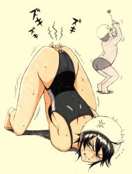 Rule 34 | 1boy, 1girl, ^^^, anger vein, ass, barefoot, black hair, clenched teeth, competition swimsuit, heart, highleg, highleg swimsuit, highres, kanchou, marker (medium), one-piece swimsuit, original, plus step, short hair, smile, swim cap, swimsuit, tears, teeth, top-down bottom-up, traditional media, trembling, wince