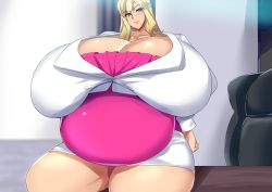 Rule 34 | 1girl, absurdres, blonde hair, blue eyes, breasts, chair, gigantic breasts, highres, matsumoto katsuya, office chair, office lady, original, pregnant, shirt, sitting, sitting on table, skirt, smile, swivel chair, tagme, thick thighs, thighs, white shirt, white skirt