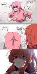 Rule 34 | 2girls, ass, blue eyes, bocchi the rock!, breasts, cameltoe, embarrassed, english text, evil grin, evil smile, gotoh hitori, green eyes, grin, highres, hinghoi, jacket, kita ikuyo, large breasts, long hair, multiple girls, nervous, pink hair, red hair, smile, speech bubble, sportswear, stuck, through wall, wall