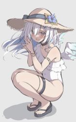 Rule 34 | amane kanata, angel wings, choker, hat, highres, hololive, one-piece swimsuit, sandals, squatting, straw hat, swimsuit, thigh strap, virtual youtuber, white hair, wings