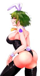 Rule 34 | 1girl, alternate costume, animal ears, ascot, ass, bare arms, bare shoulders, black leotard, black thighhighs, breasts, commentary request, cowboy shot, detached collar, earrings, fake animal ears, fake tail, from behind, green hair, highres, itocoh, jewelry, kazami yuuka, large breasts, leotard, looking at viewer, parted lips, playboy bunny, profile, rabbit ears, rabbit tail, red eyes, short hair, shoulder tattoo, sidelocks, simple background, smile, solo, spade (shape), standing, strapless, strapless leotard, stud earrings, tail, tattoo, thighhighs, thighs, touhou, white background, wrist cuffs, yellow ascot