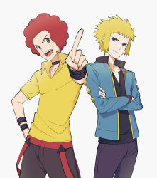 Rule 34 | 2boys, :d, afro, black choker, black shirt, blonde hair, blue eyes, blue jacket, choker, closed mouth, collared shirt, commentary request, creatures (company), crossed arms, flint (pokemon), game freak, hand on own hip, jacket, kurochiroko, long sleeves, male focus, multiple boys, nintendo, open clothes, open jacket, open mouth, pants, pointing, pokemon, pokemon dppt, red hair, shirt, smile, spiked hair, teeth, tongue, upper teeth only, volkner (pokemon), yellow shirt