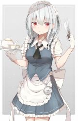 Rule 34 | 1girl, absurdres, apron, arms up, ascot, between fingers, black ascot, blue skirt, blue vest, blush, braid, breasts, commentary, cowboy shot, cup, expressionless, gloves, grey background, hair between eyes, hair ribbon, highres, holding, holding knife, holding tray, iyo (ya na kanji), izayoi sakuya, knife, light blush, light particles, looking at viewer, maid headdress, medium breasts, parted lips, petticoat, pocket watch, puffy short sleeves, puffy sleeves, red eyes, ribbon, roman numeral, shirt, short hair, short sleeves, silver hair, simple background, skirt, slit pupils, solo, standing, symbol-only commentary, teacup, teapot, touhou, tray, tress ribbon, twin braids, vest, waist apron, watch, white gloves, white shirt