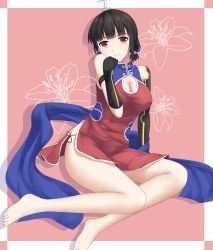 Rule 34 | 1girl, absurdres, arm support, arm warmers, barefoot, black hair, blunt bangs, breasts, china dress, chinese clothes, cleavage, dress, gloves, highres, large breasts, luoye, personification, red eyes, sitting, smile, solo, warship girls r, wristband, yat sen (warship girls r)