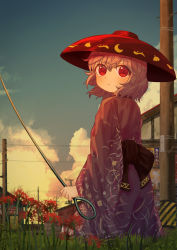 Rule 34 | 1girl, absurdres, back bow, belt, blue sky, blush, bow, bowl, bowl hat, brown belt, brown bow, closed mouth, cloud, cloudy sky, commentary request, dress, ekaapetto, eyes visible through hair, floral print, flower, grass, hair between eyes, hat, highres, house, japanese clothes, kimono, long sleeves, looking to the side, needle, purple dress, purple hair, purple kimono, red eyes, red flower, red hat, short hair, sky, solo, standing, sukuna shinmyoumaru, sunset, touhou, weapon, wide sleeves, yellow flower