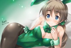 Rule 34 | 1girl, animal ears, artist name, bad id, bad twitter id, bare shoulders, black pantyhose, blue eyes, blush, bow, bowtie, braid, breasts, brown hair, cleavage, cowboy shot, detached collar, fake animal ears, green bow, green bowtie, green leotard, haruhata mutsuki, leotard, long hair, lying, lynette bishop, medium breasts, on side, pantyhose, playboy bunny, rabbit ears, rabbit tail, single braid, smile, solo, strapless, strapless leotard, strike witches, tail, twitter username, world witches series, wrist cuffs