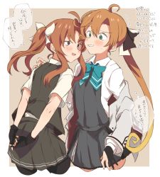 Rule 34 | 2girls, absurdres, ahoge, akigumo (kancolle), black gloves, blazer, blush, brown eyes, brown hair, commentary request, gloves, green eyes, grin, hair ribbon, highres, jacket, kagerou (kancolle), kantai collection, long hair, long sleeves, mizin kosutin, mole, mole under eye, multiple girls, partially fingerless gloves, pleated skirt, ponytail, ribbon, school uniform, short sleeves, single glove, skirt, smile, thought bubble, translation request, twintails, white ribbon, yuri