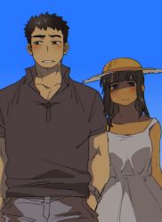 Rule 34 | 1boy, 1girl, aged up, black hair, black shirt, blue sky, blush, brother and sister, cowboy shot, dress, hands in pockets, hat, holding hands, looking at viewer, looking away, original, parted lips, polo shirt, sagami jon, shirt, short sleeves, siblings, sky, sun hat, sundress, tan, watch, white dress