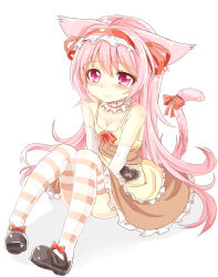 Rule 34 | 1girl, animal ears, blush, bow, cat ears, cat tail, collarbone, commentary request, dress, frills, full body, hairband, heart, lolita hairband, long hair, mary janes, neck garter, original, paw print, photoshop (medium), pink eyes, pink hair, revision, ribbon, shoes, simple background, sitting, solo, spaghetti strap, striped clothes, striped thighhighs, tail, thighhighs, unname, very long hair, white background