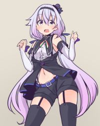 Rule 34 | .live, alternate costume, alternate hairstyle, belt, carro pino, commentary request, detached sleeves, garter belt, hair between eyes, hat, headband, long hair, looking at viewer, low twintails, navel, purple eyes, purple hair, shorts, simple background, solo, stomach, stomach day, thighhighs, tobi (nekomata homara), twintails, virtual youtuber