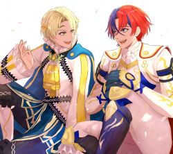 Rule 34 | 2boys, alear (fire emblem), alear (male) (fire emblem), alfred (fire emblem), ascot, blonde hair, cape, fire emblem, fire emblem engage, gloves, green eyes, hair ornament, heterochromia, highres, kino40346033, long sleeves, looking at another, male focus, multicolored hair, multiple boys, nintendo, open mouth, short hair, sitting, smile, white background