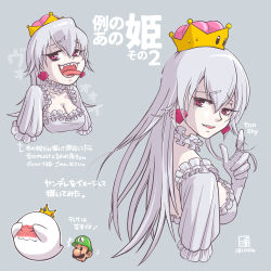 Rule 34 | 1girl, boo (mario), breasts, choker, cleavage, collarbone, colored skin, commentary request, crown, dress, earrings, facial hair, fangs, frilled choker, frills, highres, jewelry, joshua2368, king boo, long hair, long tongue, looking at viewer, looking back, luigi, luigi&#039;s mansion, mario (series), medium breasts, mustache, new super mario bros. u deluxe, nintendo, open mouth, princess king boo, purple eyes, sharp teeth, short sleeves, silver hair, smile, super crown, teeth, tongue, tongue out, translation request, white dress, white skin