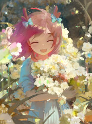 Rule 34 | 1girl, :d, ^ ^, absurdres, antlers, aqua bow, blush, bouquet, bow, closed eyes, commentary, cowboy shot, day, deer antlers, deer girl, facing viewer, floating hair, flower, garden, hair bow, haku89, happy, highres, holding, holding bouquet, horns, indie utaite, kano (utaite), medium hair, open mouth, outdoors, sidelighting, signature, smile, teeth, upper teeth only, virtual youtuber, white flower, wind