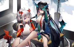 Rule 34 | 2girls, absurdres, arknights, bead bracelet, beads, black coat, black hair, bracelet, breasts, cellphone, chinese commentary, coat, commentary request, dress, dusk (arknights), feet out of frame, hand up, hands up, highres, holding, holding phone, horns, jewelry, large breasts, long hair, looking at viewer, multicolored hair, multiple girls, nian (arknights), nian (unfettered freedom) (arknights), off shoulder, official alternate costume, open clothes, open coat, parted lips, phone, pointy ears, purple eyes, red hair, short dress, siblings, silver hair, sisters, sitting, sleeveless, sleeveless dress, smartphone, streaked hair, white dress, yushe quetzalli