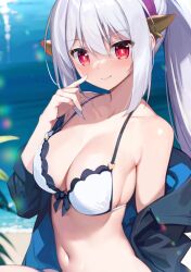 Rule 34 | 1girl, bare shoulders, bikini, black jacket, breasts, cleavage, closed mouth, collarbone, copyright request, grey hair, hair between eyes, hand up, jacket, long hair, looking at viewer, medium breasts, nanamomo rio, navel, off shoulder, open clothes, open jacket, ponytail, red eyes, sidelocks, smile, solo, swimsuit, very long hair, water, white bikini