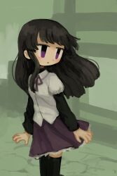 Rule 34 | 1girl, absurdres, arms at sides, black hair, black thighhighs, black undershirt, commentary request, cowboy shot, dress shirt, expressionless, floating hair, green background, highres, jitome, kubimogehina, lace, lace-trimmed skirt, lace trim, layered sleeves, light blush, long sleeves, looking to the side, neck ribbon, parted lips, puffy short sleeves, puffy sleeves, purple eyes, purple ribbon, purple skirt, ribbon, shirt, short over long sleeves, short sleeves, sidelocks, skirt, solo, sometsuki, thighhighs, ultra violet (game), white shirt
