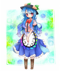 Rule 34 | 1girl, anzu ame, blue hair, blush, bow, cross-laced footwear, female focus, food, frills, fruit, own hands clasped, hat, highres, hinanawi tenshi, leaf, long hair, long skirt, own hands together, peach, red eyes, short sleeves, skirt, solo, touhou, very long hair