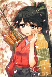 Rule 34 | 10s, 1girl, arrow (projectile), bad id, bad pixiv id, black eyes, black hair, blush, bow (weapon), houshou (kancolle), isago (lop), japanese clothes, kantai collection, kimono, long hair, ponytail, quiver, smile, solo, weapon
