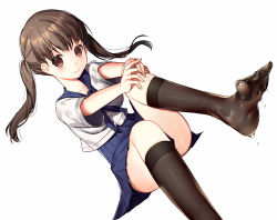 Rule 34 | 1girl, artist request, black legwear, blue skirt, brown eyes, brown hair, character request, collarbone, copyright request, dutch angle, feet, foot focus, looking at viewer, no shoes, pleated skirt, school uniform, serafuku, shirt, short hair, short sleeves, simple background, skirt, smile, socks, soles, toes, twintails, wet, wet clothes, white background, white shirt