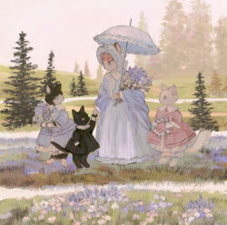 Rule 34 | 1other, 3girls, animal, animal focus, barefoot, black cat, black dress, blue bonnet, blue bow, blue dress, blue eyes, blue flower, blue headwear, blue shawl, bonnet, bouquet, bow, cat, closed mouth, clothed animal, collar, commentary, day, dress, dress pocket, ears through headwear, english commentary, flower, frilled dress, frilled shirt collar, frills, full body, grass, green eyes, highres, hill, holding, holding bouquet, holding hands, holding umbrella, layered dress, long sleeves, looking at another, multiple girls, neck ribbon, no humans, original, outdoors, parasol, path, peter pan collar, pine tree, pink bonnet, pink bow, pink dress, pink headwear, puffy long sleeves, puffy sleeves, purple eyes, ribbon, road, rose, shawl, sky, sleeve cuffs, slit pupils, standing, tono (rt0no), toto noir, tree, umbrella, white cat, white flower, white rose, white sky