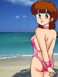 Rule 34 | 1980s (style), 1girl, arms behind back, artist request, ass, beach, black eyes, blush, breasts, brown hair, cloud, from behind, holding another&#039;s wrist, kazuki mai, looking at viewer, looking back, magical girl, mahou no star magical emi, ocean, oldschool, one-piece swimsuit, pink one-piece swimsuit, retro artstyle, sand, short hair, sky, small breasts, smile, standing, swimsuit, tongue, tongue out, water, wristband